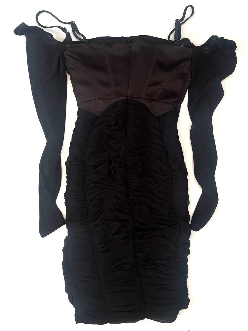 House of CB Freyja Satin Ruched Long Sleeve Bodycon Dress - Black Size Small - Picture 4 of 6